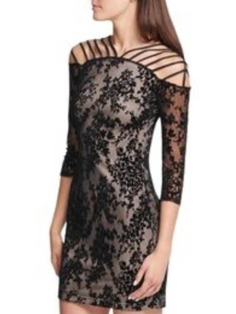 Guess Black Lace Off-Shoulder Mini Dress with Strappy Neck